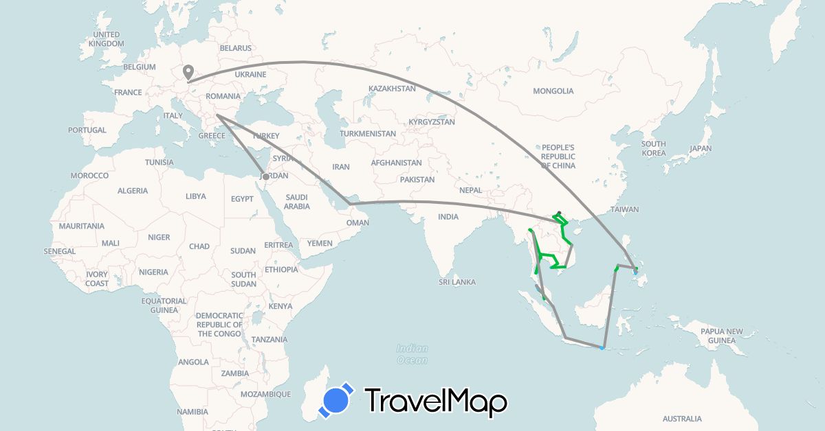 TravelMap itinerary: bus, plane, boat, motorbike in United Arab Emirates, Austria, Bulgaria, Indonesia, Israel, Cambodia, Malaysia, Philippines, Singapore, Thailand, Vietnam (Asia, Europe)